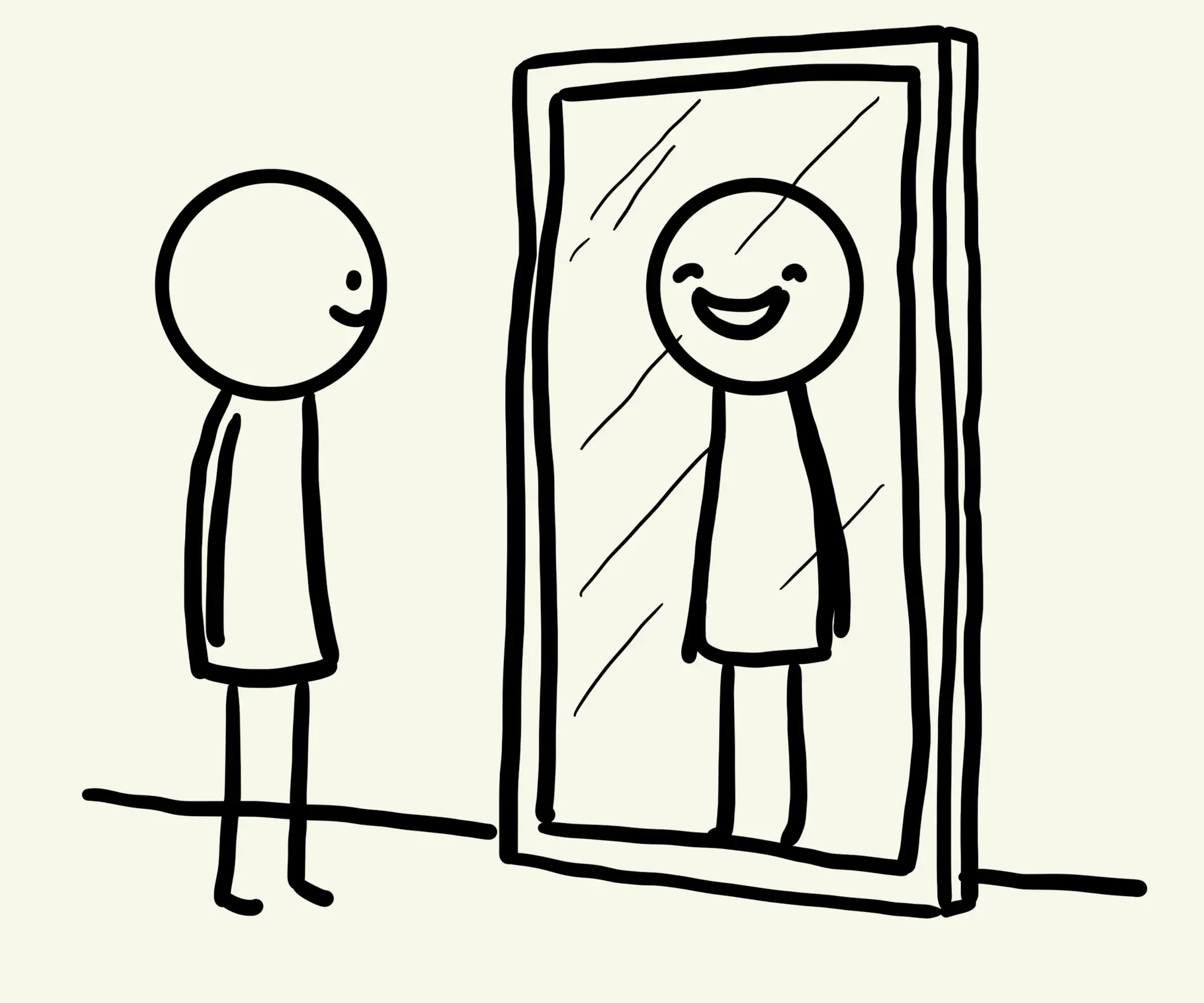 Stick figure smiling at younger self in mirror.